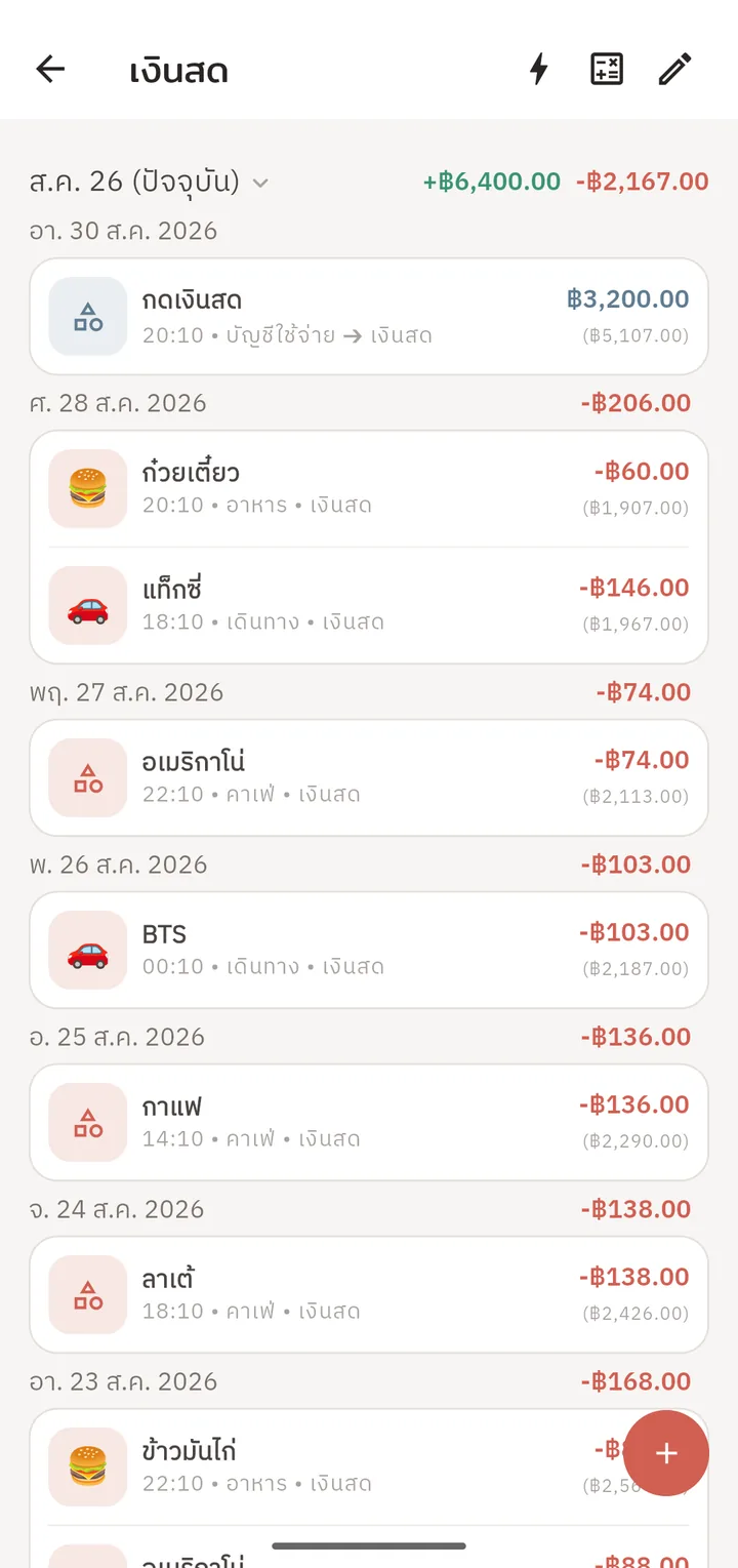 หน้ารายละเอียดบัญชีเงินสด แสดงยอดคงเหลือหลังทุกรายการ